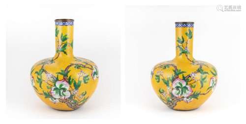 A pair of large cloisonné vases of bottle form, 24 in. (60.9...