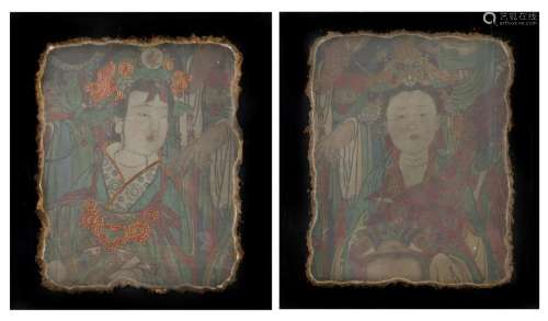 A pair of Chinese Ming style frescoes, 19 x 15 in. (48.26 x ...