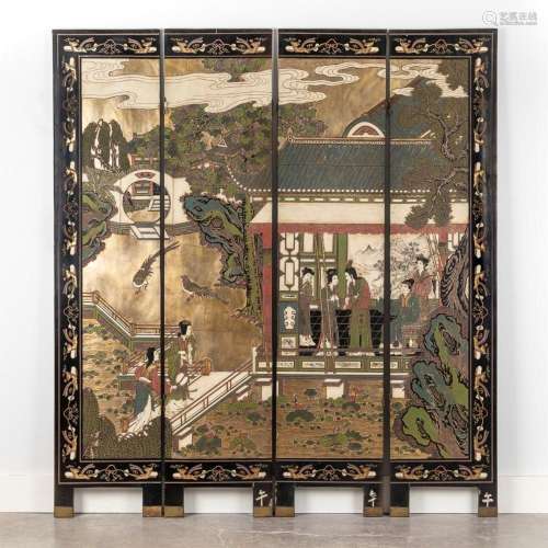 A Chinese four panel "coromandel" screen, 72 x 64 ...