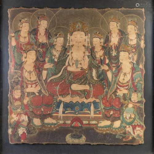 A Chinese Ming style fresco, 39 x 38 1/2 in. (99.06 x 97.79 ...