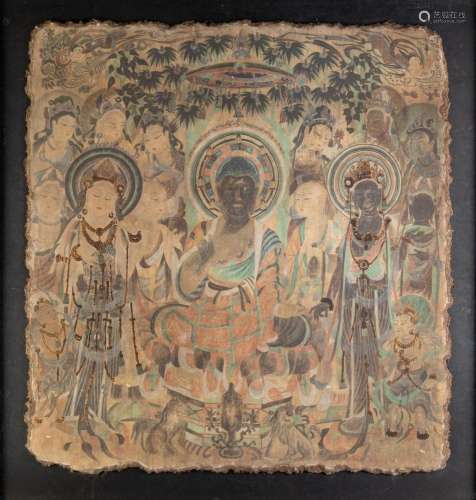 A Chinese Ming style fresco, 42 x 39 in. (106.68 x 99.06 cm....