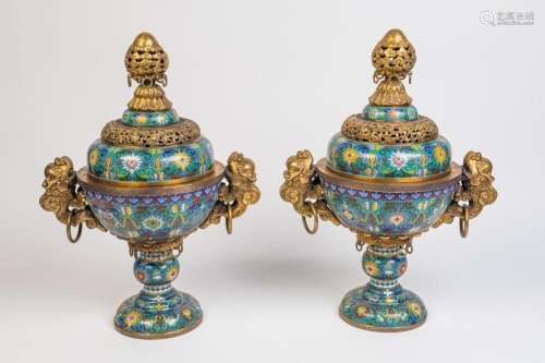 A large pair of Chinese cloisonne incense burners and pierce...