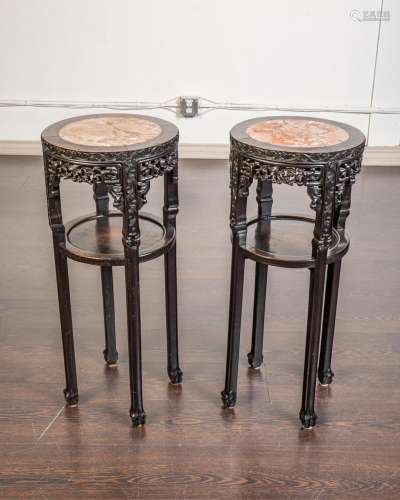 A pair of Chinese hardwood and marble inlaid jardiniere stan...