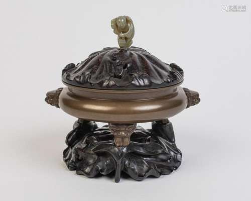 A Chinese bronze incense burner, the censer: 7 in. (18 cm) d...