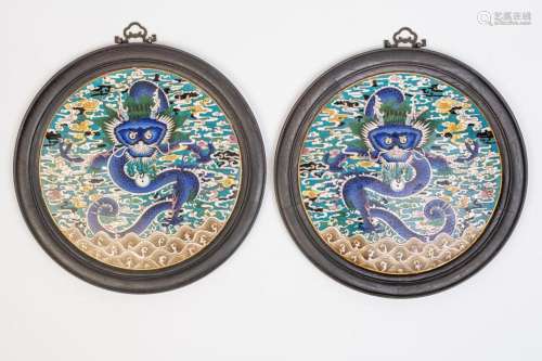 A pair of Chinese cloisonné circular plaques, 11 in. (27.94 ...