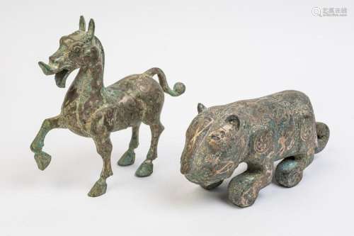 A Chinese bronze and inlaid figure of a prancing horse, hors...