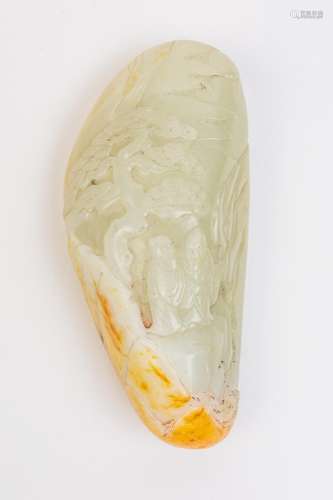 A Chinese light celadon and russet jadeite carved pebble, 4 ...
