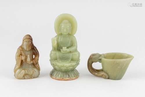 Two Chinese carved jadeite figures of the seated Buddha,
