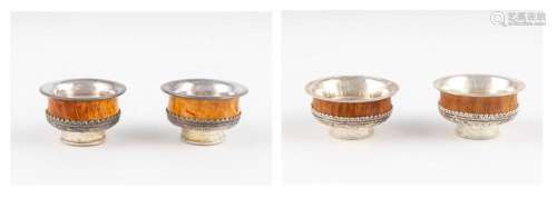 Two pairs of miniature silver and wood cups
