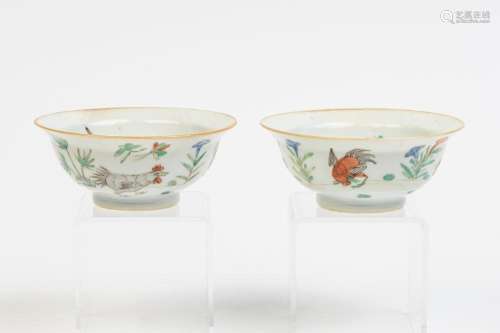 A pair of Chinese polychrome decorated chicken bowls, 1 7/8 ...