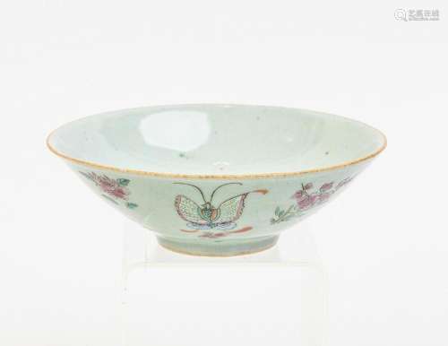 A Chinese fencai celadon ground deep bowl, 2 1/8 x 6 5/8 in....