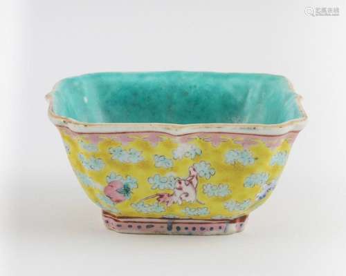 A Chinese famille rose yellow ground bowl, 2 x 4 1/8 x 4 1/8...