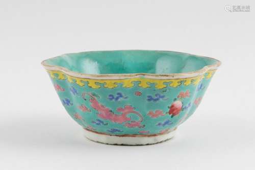 A Chinese famille rose turquoise ground bowl, 2 x 4 3/4 in. ...