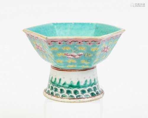 A Chinese hexagonal famille rose turquoise ground pedestal b...