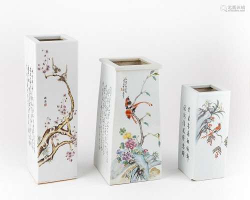 Three Chinese porcelain rectangular vases, 15 1/2 in. (39.5 ...