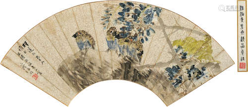1840～1895 任伯年 1886年作 花鸟 水墨金笺 镜片连框