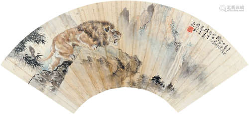 1884～1961 熊松泉 1941年作 雄狮图 水墨纸本 扇片