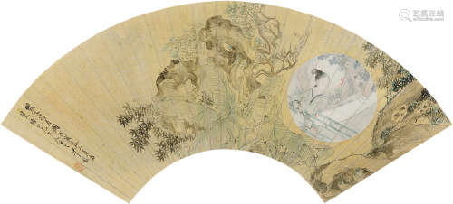 1831～1906 沙馥 1878年作 双文待月图 设色金笺 镜片连框