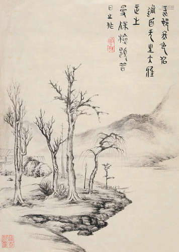 1884～1918 苏曼殊  江村冬色 水墨纸本 单片