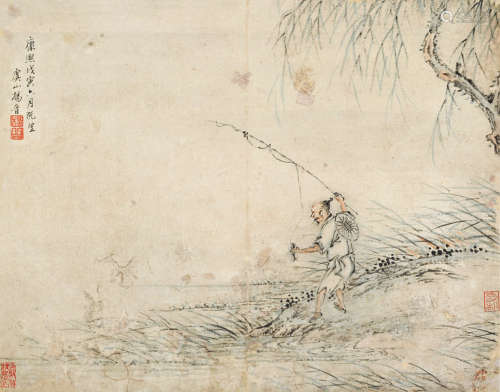 1644～1728 杨晋 1698年作 柳下垂钓图 设色纸本 镜片