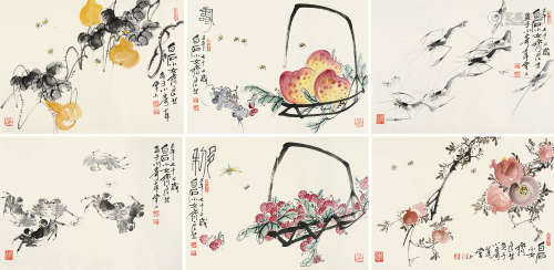 1931～2010 齐良芷 2002年作 花卉册 设色纸本 册页（十二开选六）