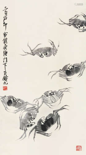 1900～1966 王铸九  群蟹图 水墨纸本 立轴