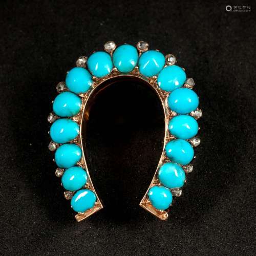 Broche en or jaune 14 carats sertie de turquoises et de diam...