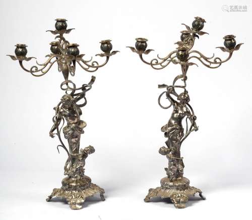 Paire de grands chandeliers Art nouveau à cinq bras de lumiè...