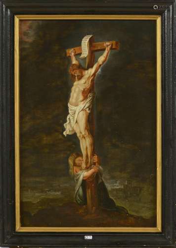 Huile sur panneau de chêne "Christ en croix". Anon...