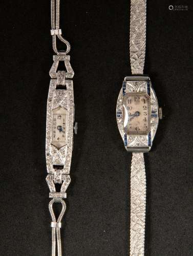 Deux montres Art Déco en platine serties de diamants taille ...