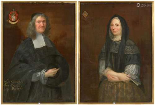 Paire d'huiles sur toile "Portrait armorié de Pierre Da...