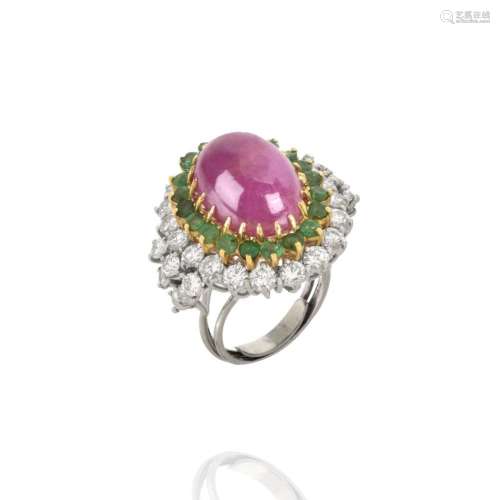Ruby, Diamond, Emerald, 18K Ring