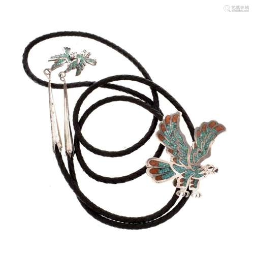 Silver, Turquoise and Coral Bolo Tie