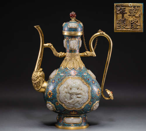 Chinese Qing Dynasty cloisonne gilt inlaid with Hetian jade ...