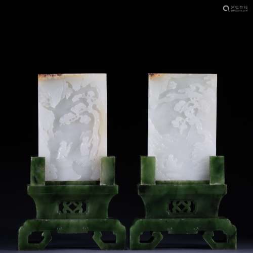 Hetian jade a pair of jasper base white jade insert