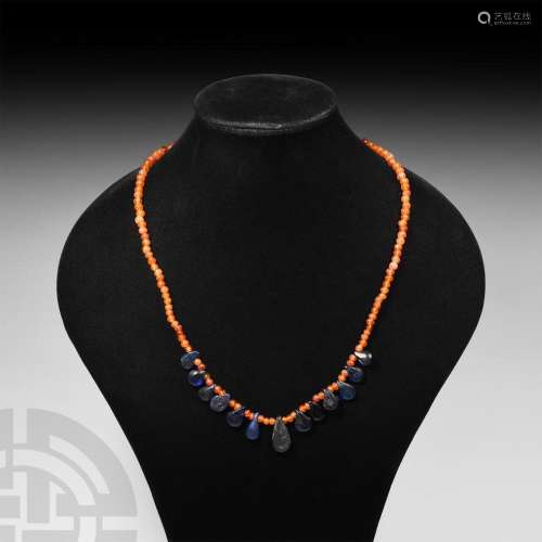 Western Asiatic Carnelian Bead Necklace with Blue Glass Pend...