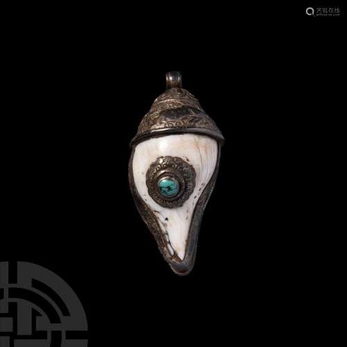Tibetan Silver Mounted Shell with Turquoise