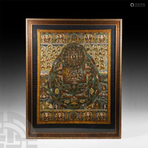 Indian Framed Buddhist Painting with Mandala