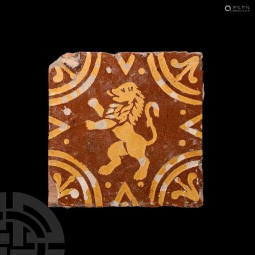 Post Medieval Glazed Tile with Rampant Lion