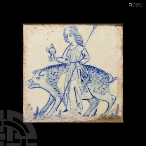 Spanish Blue and White Tile with Lady and Boar