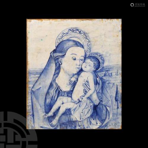 Large Spanish Blue and White Tile with Virgin and Child