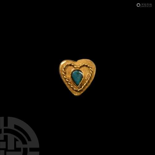Post Medieval Gold Heart Bead with Turquoise