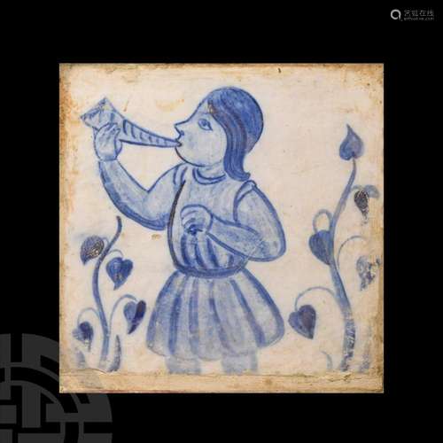 Spanish Blue and White Tile with Man Blowing a Horn