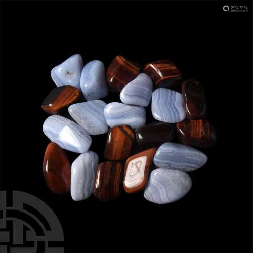 Polished Chalcedony and Tiger Iron Palm Stone Group