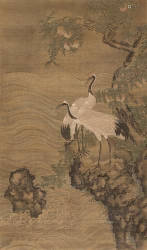 ATTRIBUTED TO SHEN QUAN (1682-1760?)  Two Cranes and Peaches