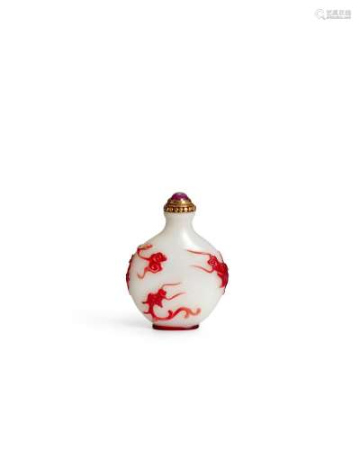 A RED OVERLAY ON WHITE GLASS SNUFF BOTTLE  Imperial, attribu...
