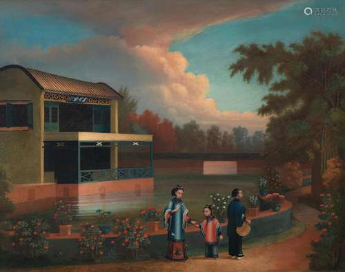 TWO PAINTINGS OF NOBLE LADIES IN GARDENS Canton School, circ...