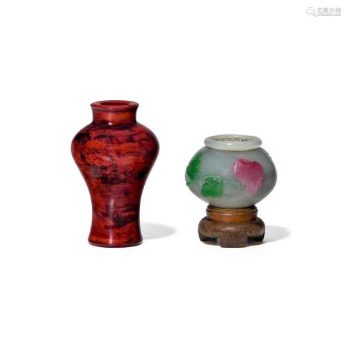 A MINIATURE OPAQUE CINNABAR GLASS 'JASPER' VASE AND ...