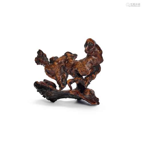 A ROOT WOOD CARVING OF A MYTHICAL HOUND ON SEPARATE STAND Qi...