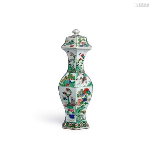 A SUPERB FAMILLE-VERTE HEXAGONAL BALUSTER VASE AND A COVER K...